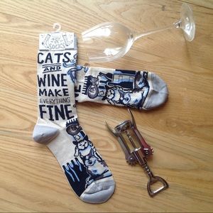 Cat Wine Socks Novelty Unisex Beige Kitty Crew